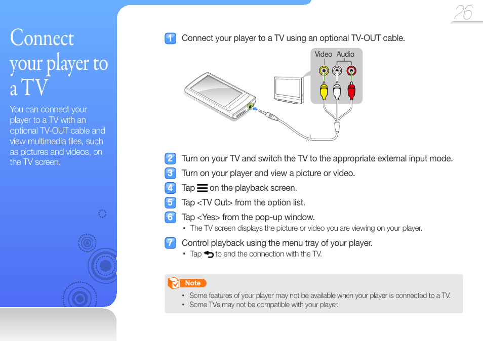 Connect your player to a tv | Samsung YP-R1JCS-XAA User Manual | Page 28 / 95