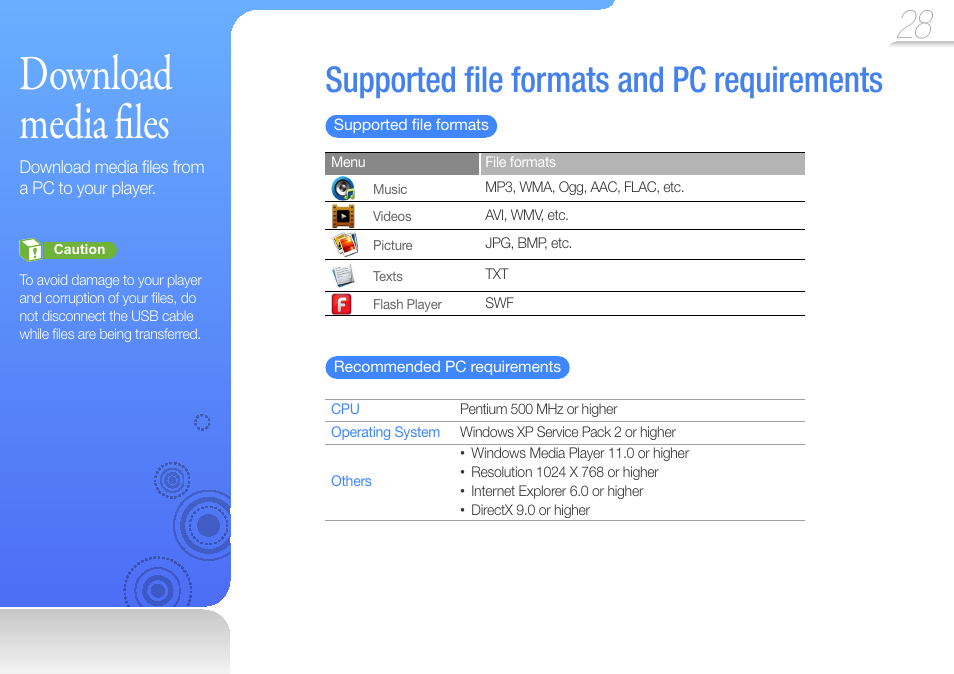 Download media files, Supported file formats and pc requirements, Download media ﬁ les | Supported ﬁ le formats and pc, Requirements, Download media fi les, Supported ﬁ le formats and pc requirements | Samsung YP-R1JCS-XAA User Manual | Page 30 / 95