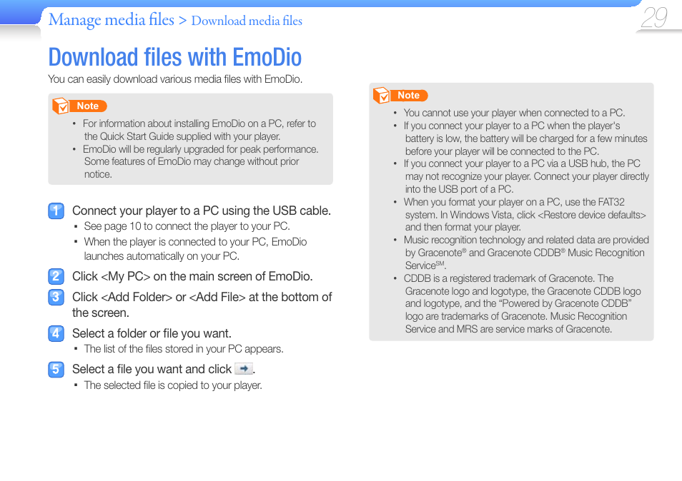 Download files with emodio, Download ﬁ les with emodio, Manage media fi les | Download media fi les | Samsung YP-R1JCS-XAA User Manual | Page 31 / 95