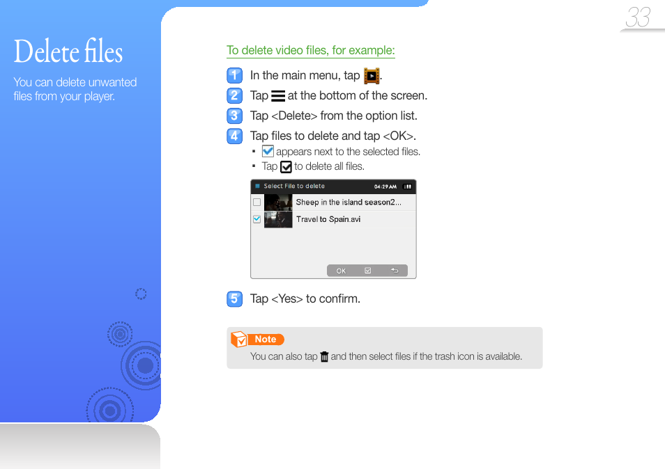 Delete files, Delete, Delete fi les | Samsung YP-R1JCS-XAA User Manual | Page 35 / 95