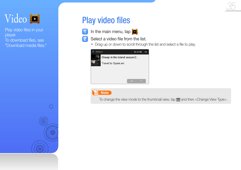 Video, Play video files, Play video ﬁ les | Samsung YP-R1JCS-XAA User Manual | Page 37 / 95