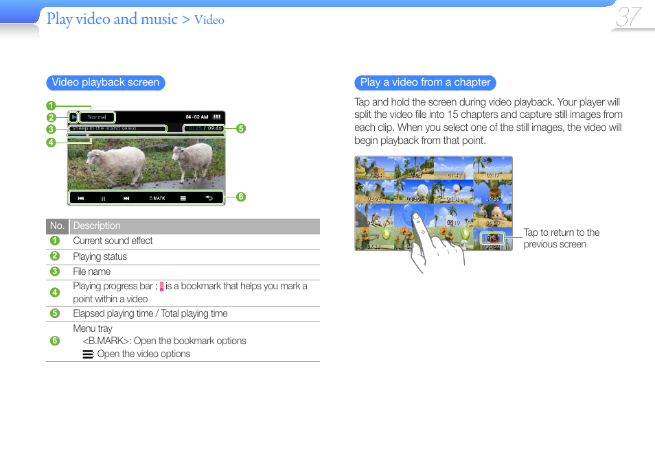 Play video and music, Video | Samsung YP-R1JCS-XAA User Manual | Page 39 / 95