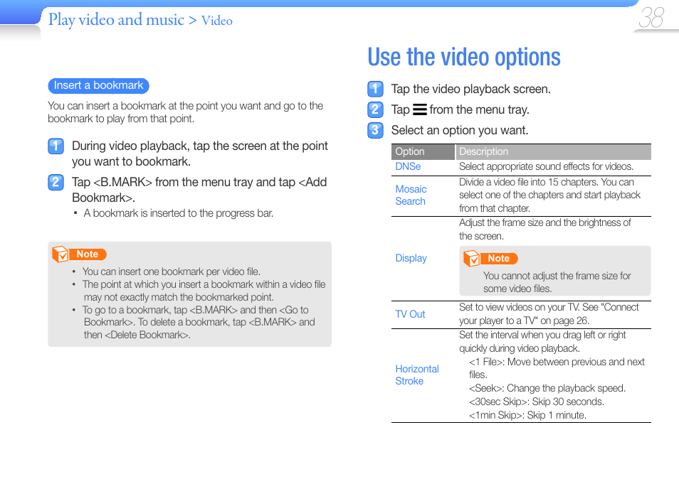 Use the video options, Play video and music, Video | Samsung YP-R1JCS-XAA User Manual | Page 40 / 95