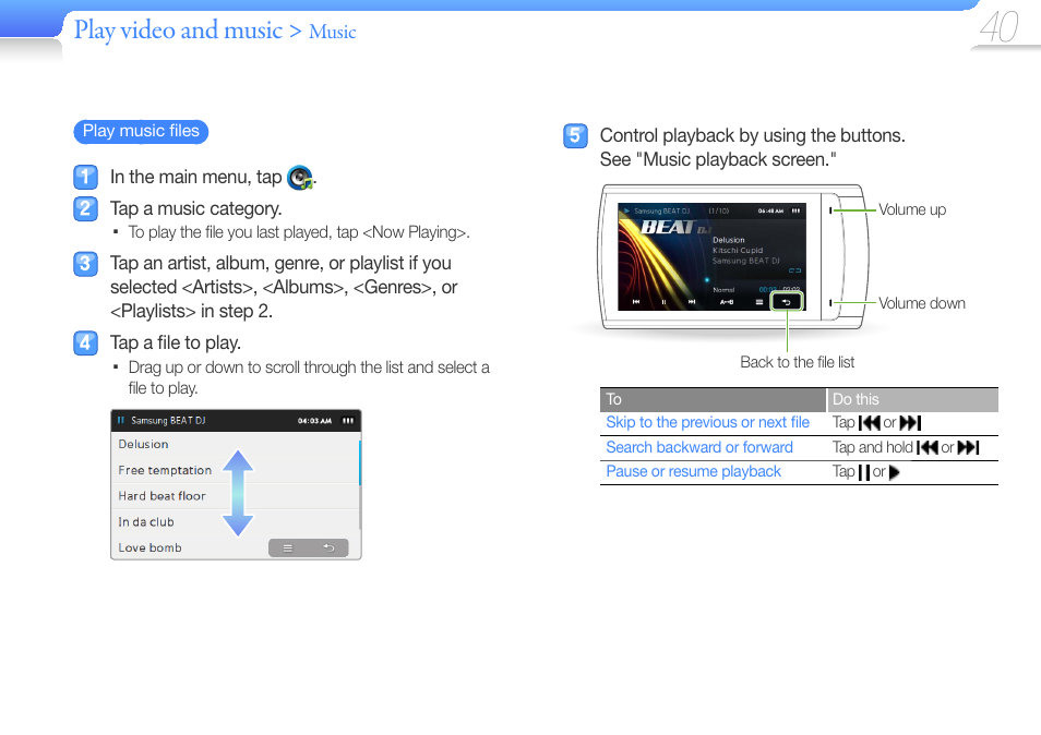 Play video and music, Music | Samsung YP-R1JCS-XAA User Manual | Page 42 / 95