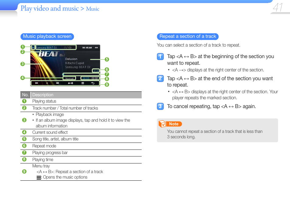 Play video and music, Music | Samsung YP-R1JCS-XAA User Manual | Page 43 / 95