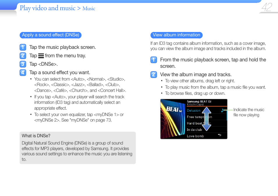 Play video and music, Music | Samsung YP-R1JCS-XAA User Manual | Page 44 / 95