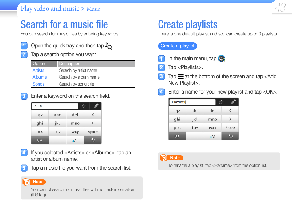 Search for a music file, Create playlists, Search for a music ﬁ le | Create, Playlists, Play video and music | Samsung YP-R1JCS-XAA User Manual | Page 45 / 95