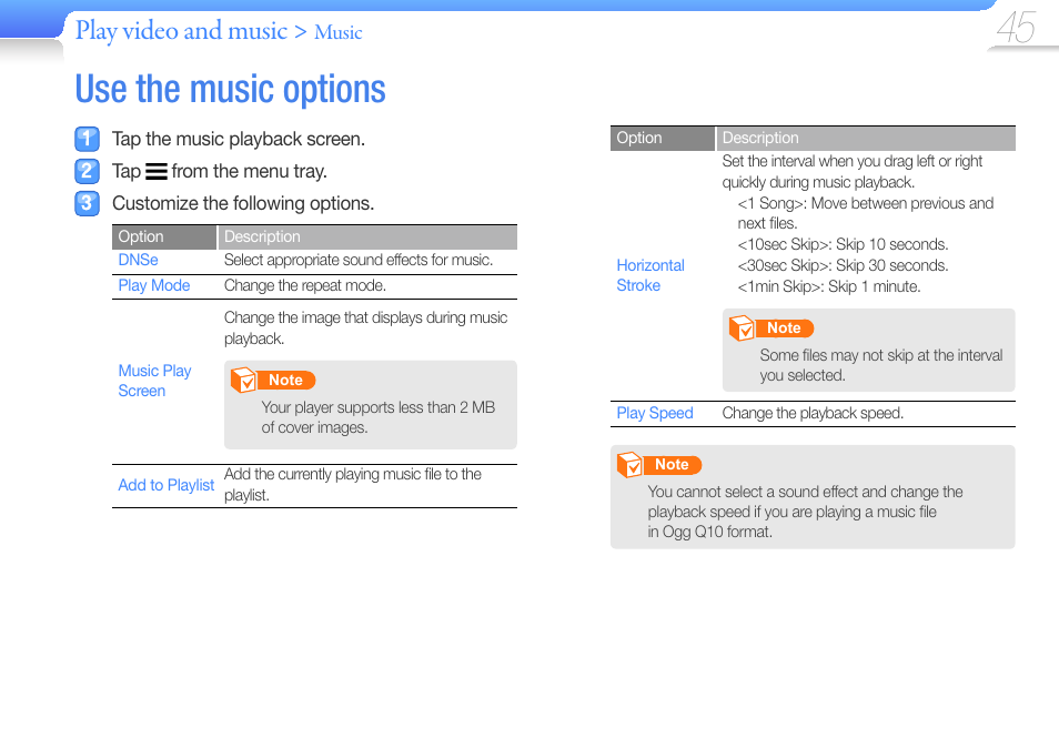 Use the music options, Play video and music | Samsung YP-R1JCS-XAA User Manual | Page 47 / 95