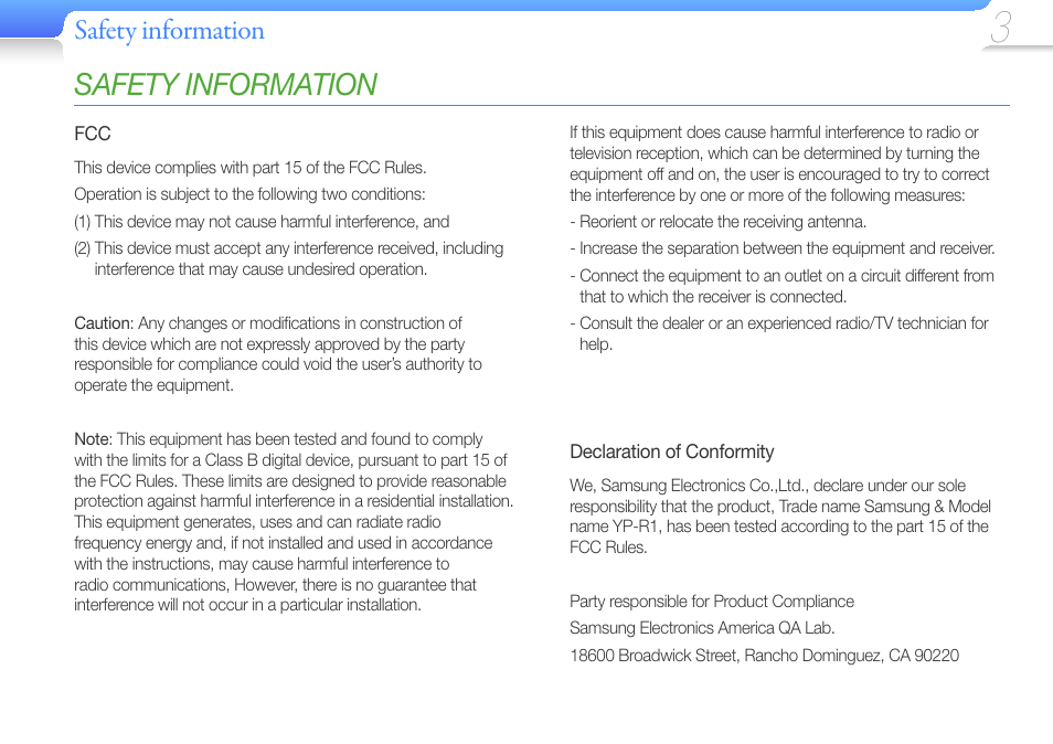 Safety information | Samsung YP-R1JCS-XAA User Manual | Page 5 / 95