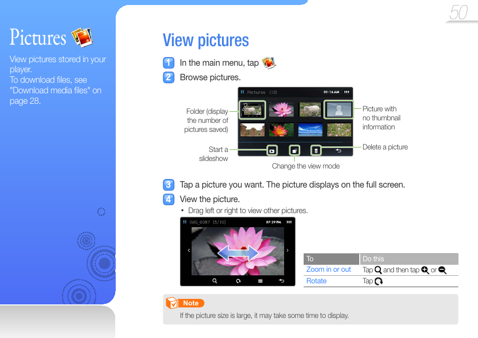 Pictures, View pictures, View | Samsung YP-R1JCS-XAA User Manual | Page 52 / 95