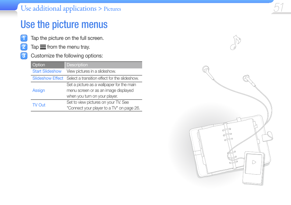 Use the picture menus, Use additional applications | Samsung YP-R1JCS-XAA User Manual | Page 53 / 95