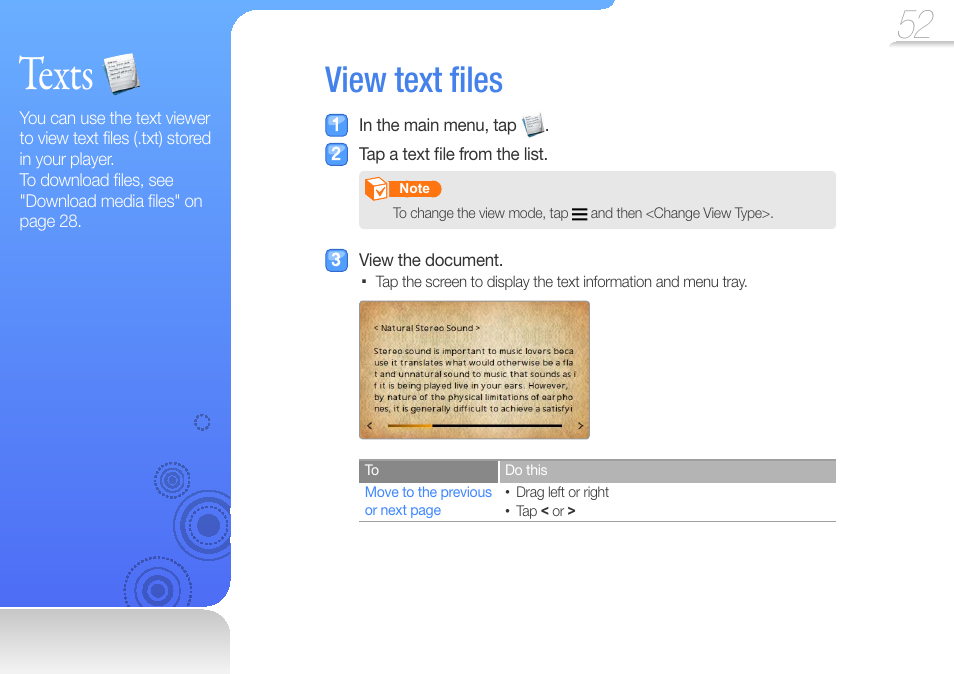 Texts, View text files, View text ﬁ les | Samsung YP-R1JCS-XAA User Manual | Page 54 / 95