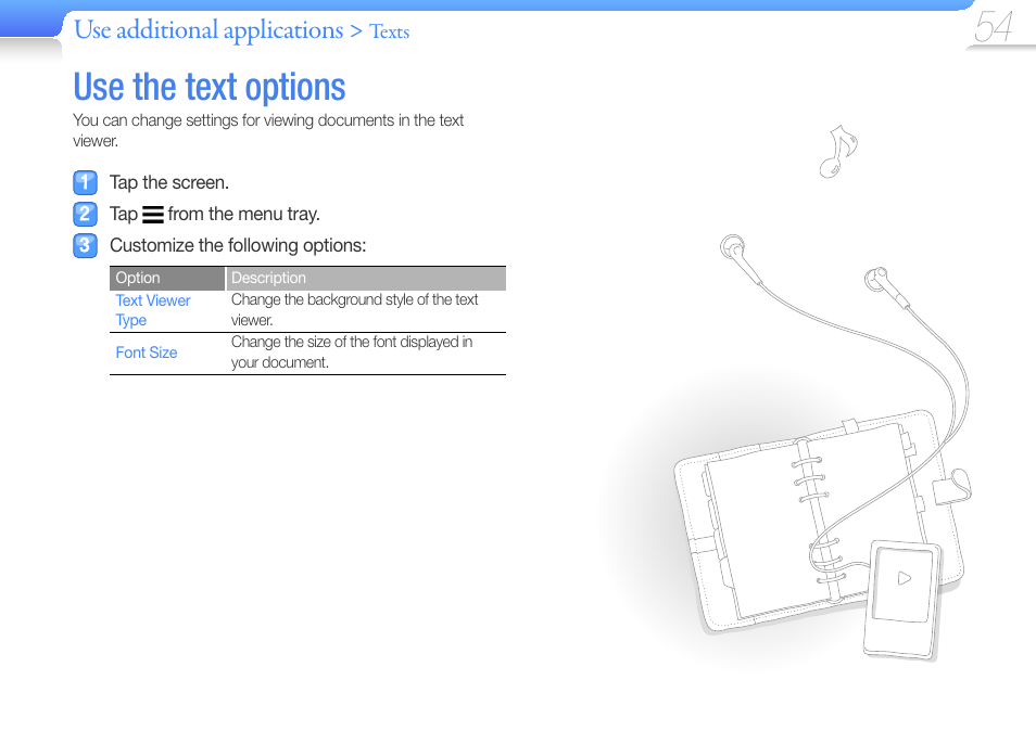 Use the text options, Use additional applications | Samsung YP-R1JCS-XAA User Manual | Page 56 / 95