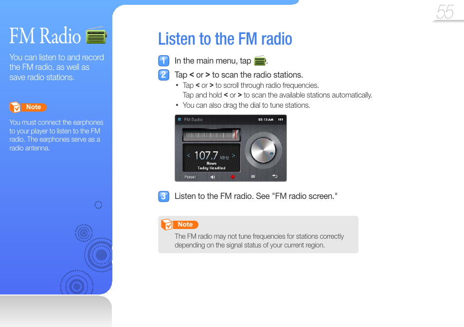 Fm radio, Listen to the fm radio, Radio | Samsung YP-R1JCS-XAA User Manual | Page 57 / 95