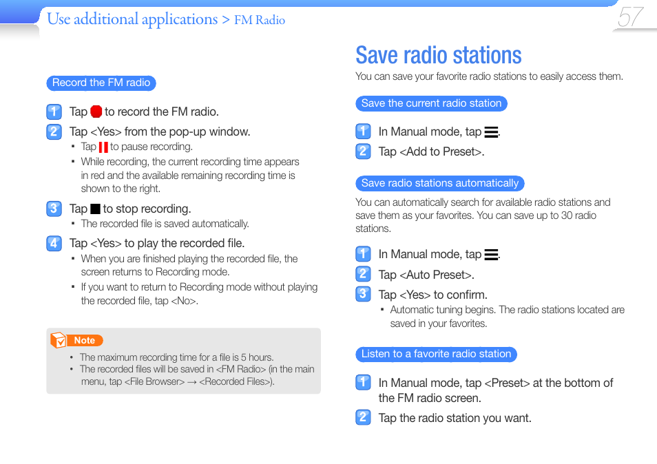 Save radio stations, Save, Radio | Stations, Use additional applications, Fm radio | Samsung YP-R1JCS-XAA User Manual | Page 59 / 95