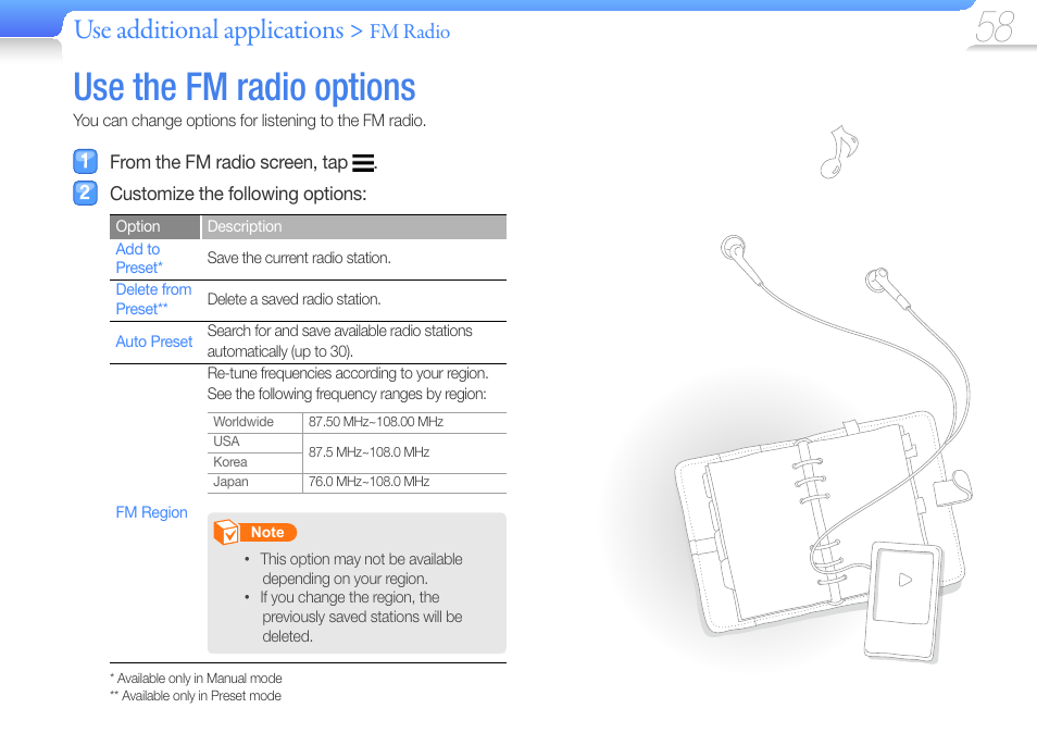 Use the fm radio options, Use additional applications | Samsung YP-R1JCS-XAA User Manual | Page 60 / 95