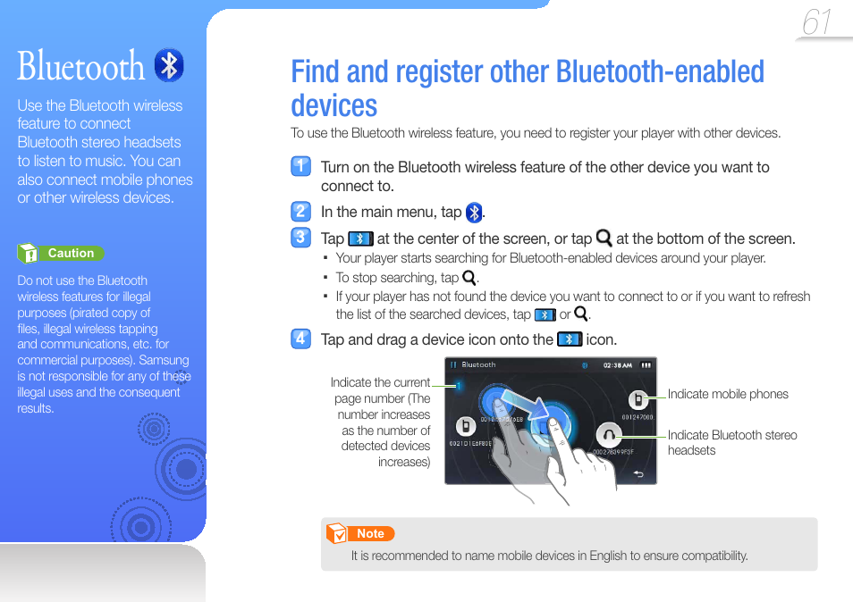 Bluetooth, Find and register other bluetooth-enabled devices, Find and register other bluetooth | Enabled devices | Samsung YP-R1JCS-XAA User Manual | Page 63 / 95