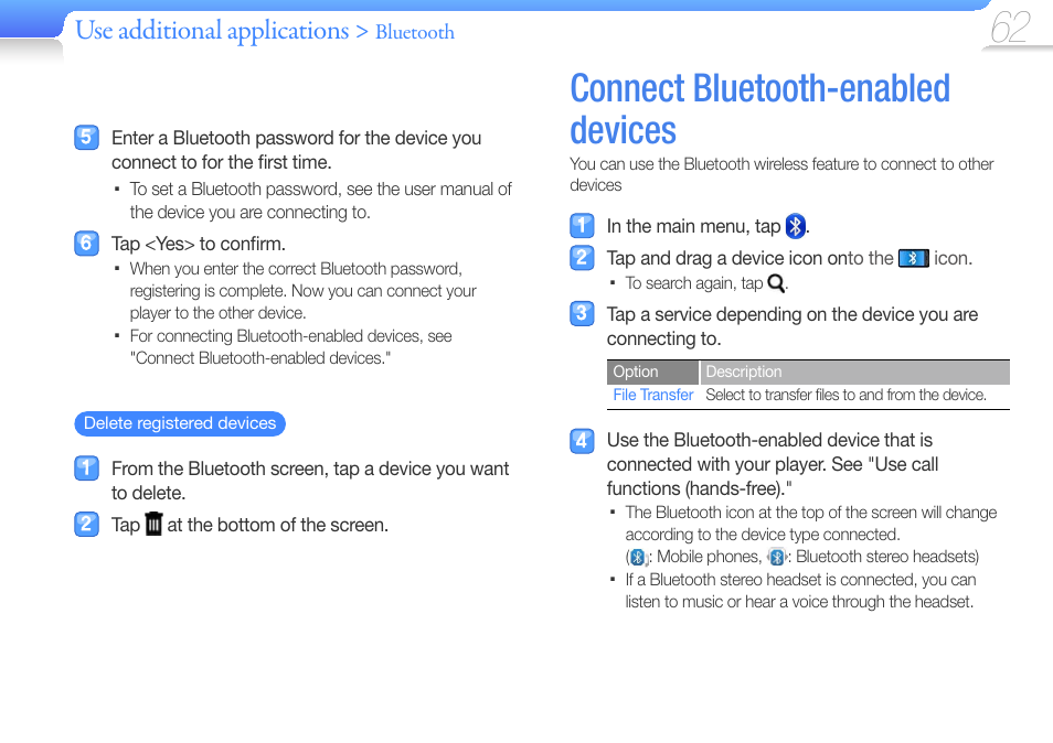 Connect bluetooth-enabled devices, Use additional applications, Bluetooth | Samsung YP-R1JCS-XAA User Manual | Page 64 / 95