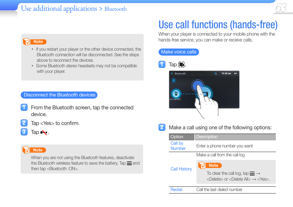 Use call functions (hands-free), Use call functions ( hands-free), Use additional applications | Samsung YP-R1JCS-XAA User Manual | Page 65 / 95