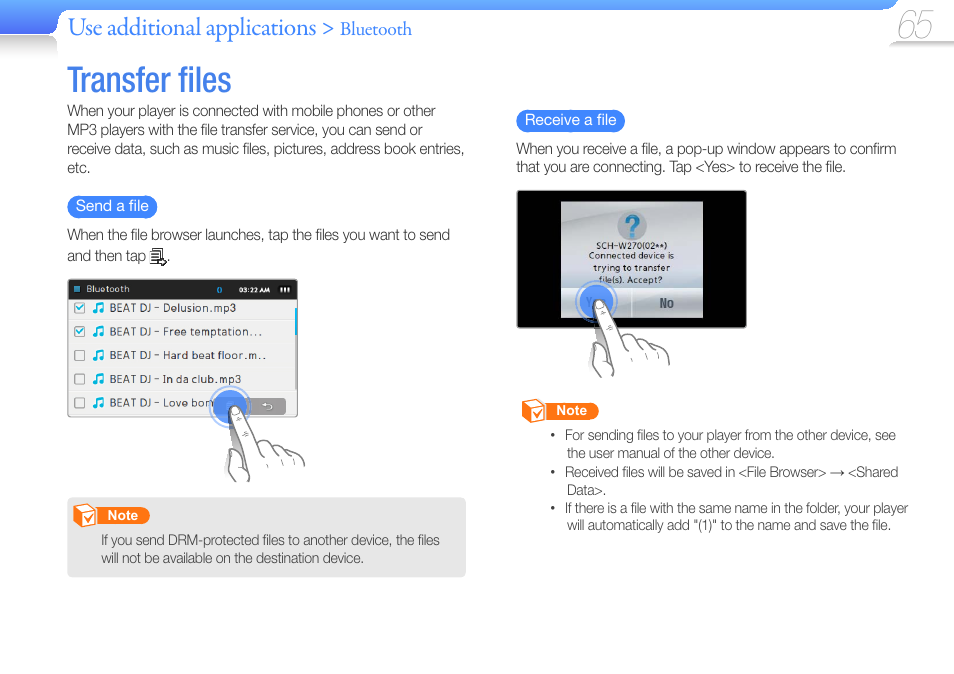 Transfer files, Transfer, Transfer ﬁ les | Use additional applications | Samsung YP-R1JCS-XAA User Manual | Page 67 / 95