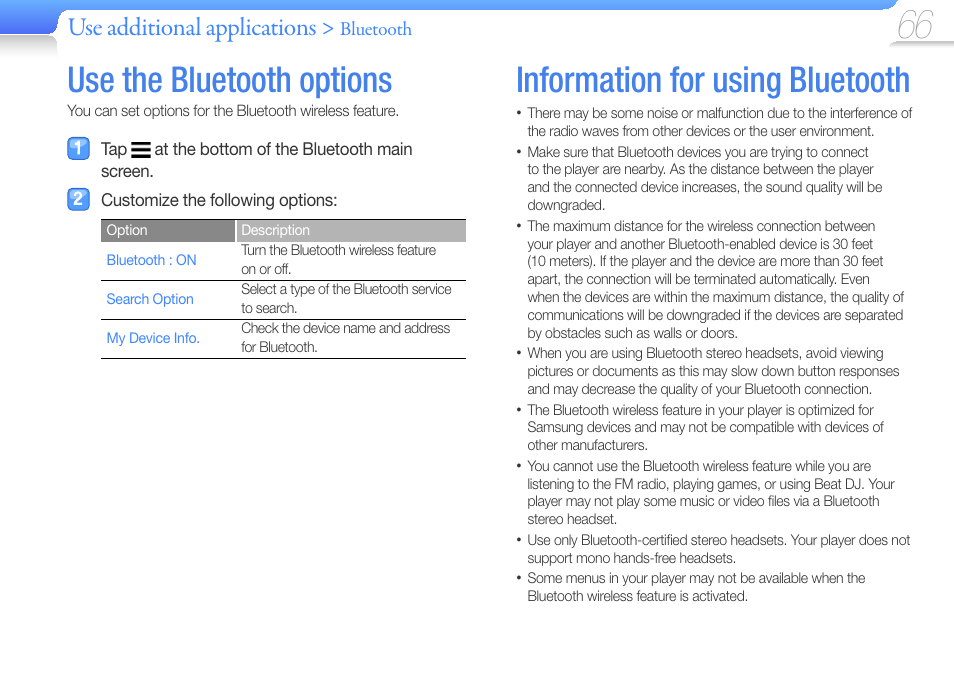 Use the bluetooth options, Information for using bluetooth, Use additional applications | Samsung YP-R1JCS-XAA User Manual | Page 68 / 95