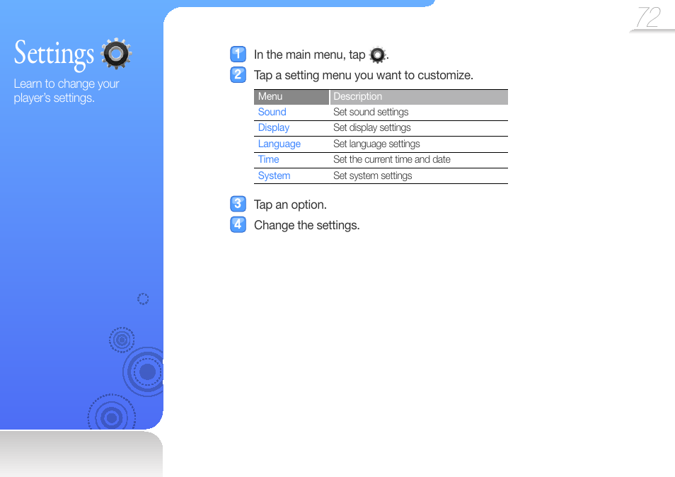 Settings | Samsung YP-R1JCS-XAA User Manual | Page 74 / 95