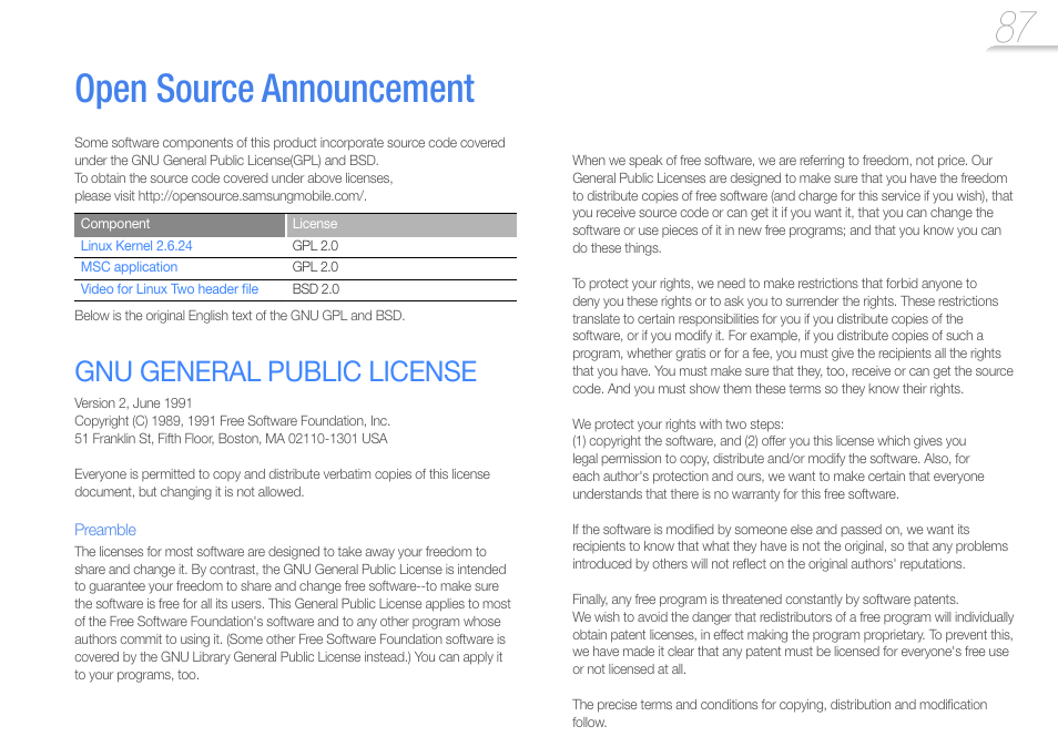 Open source announcement, Gnu general public license | Samsung YP-R1JCS-XAA User Manual | Page 89 / 95