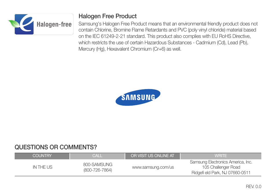 Questions or comments, Halogen free product | Samsung YP-R1JCS-XAA User Manual | Page 95 / 95