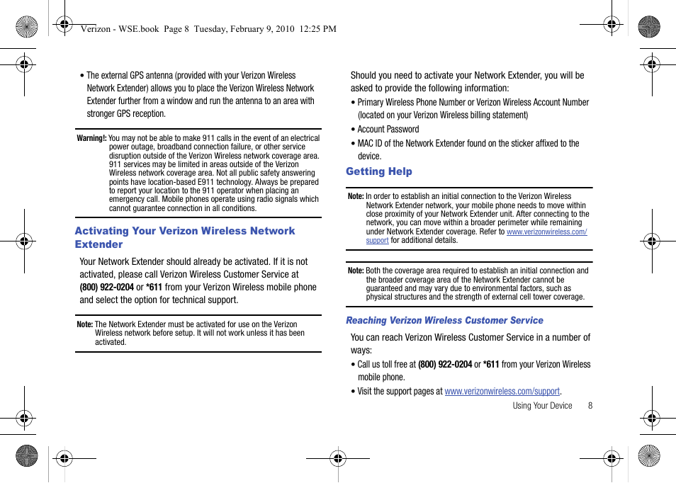 Activating your verizon wireless network extender, Getting help | Samsung SCS-26UC4 User Manual | Page 11 / 67