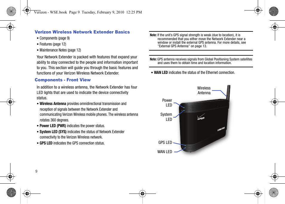 Verizon wireless network extender basics, Components - front view | Samsung SCS-26UC4 User Manual | Page 12 / 67