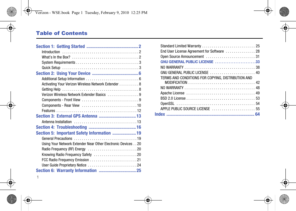 Section 1: getting started 2, Section 2: using your device 6, Section 3: external gps antenna 13 | Section 4: troubleshooting 16, Section 5: important safety information 19, Section 6: warranty information 25 | Samsung SCS-26UC4 User Manual | Page 4 / 67