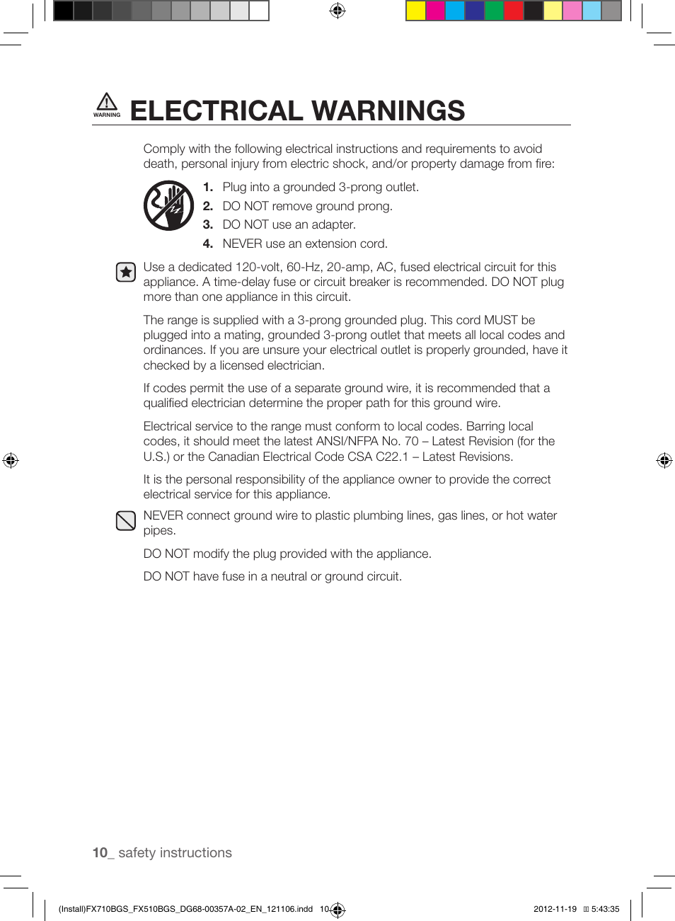 Electrical warnings | Samsung NX583G0VBSR-AA User Manual | Page 10 / 40