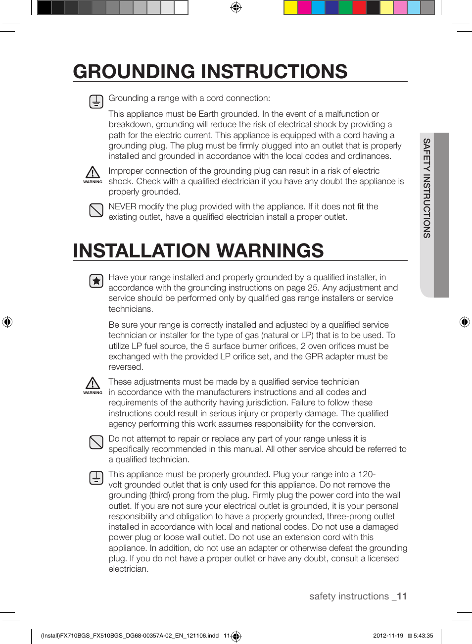 Grounding instructions, Installation warnings | Samsung NX583G0VBSR-AA User Manual | Page 11 / 40