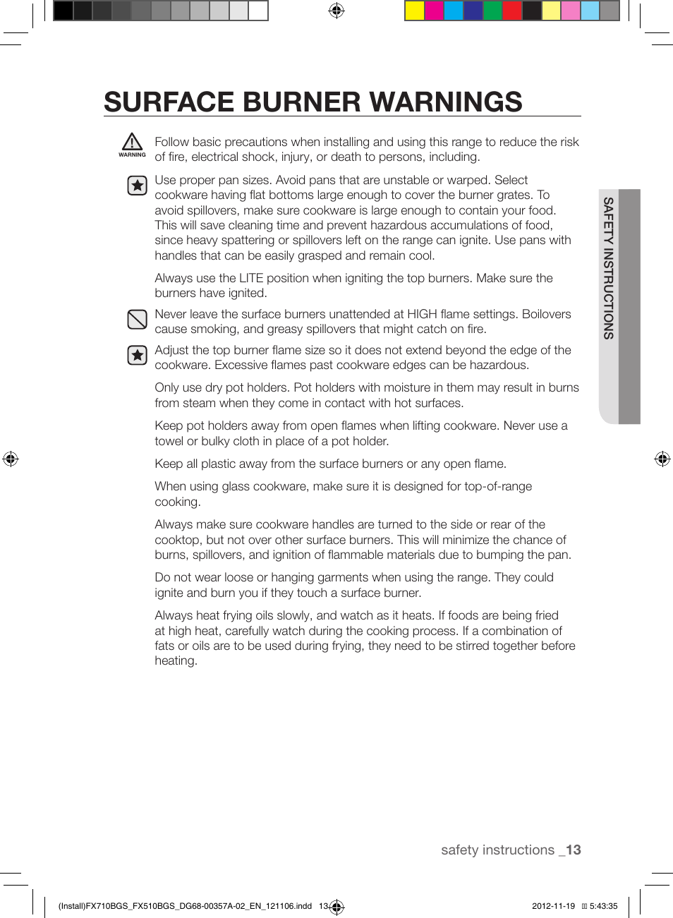 Surface burner warnings | Samsung NX583G0VBSR-AA User Manual | Page 13 / 40