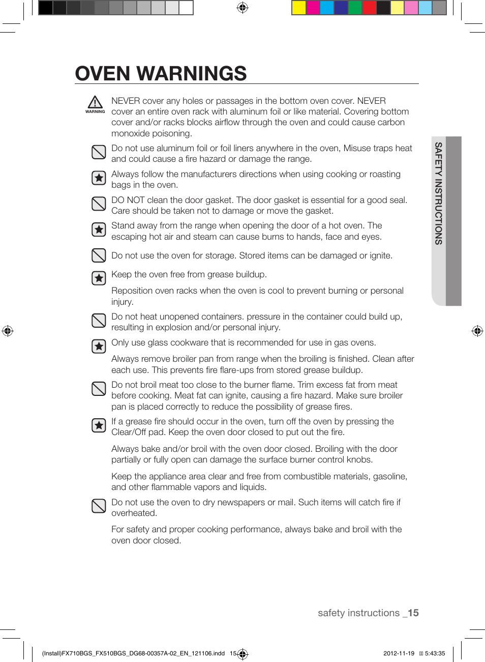 Oven warnings | Samsung NX583G0VBSR-AA User Manual | Page 15 / 40