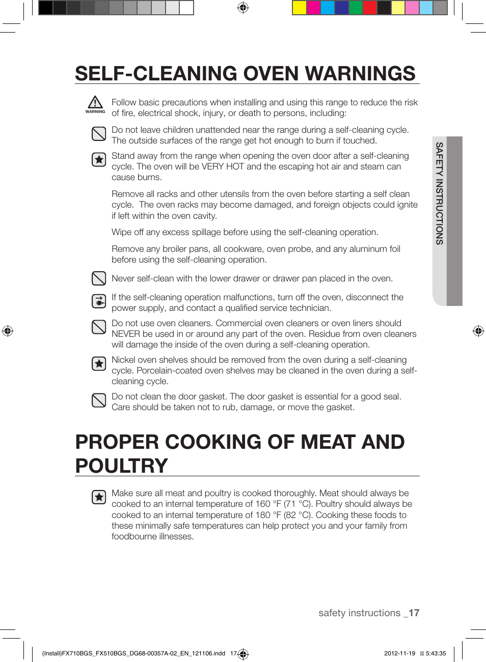 Self-cleaning oven warnings, Proper cooking of meat and poultry | Samsung NX583G0VBSR-AA User Manual | Page 17 / 40