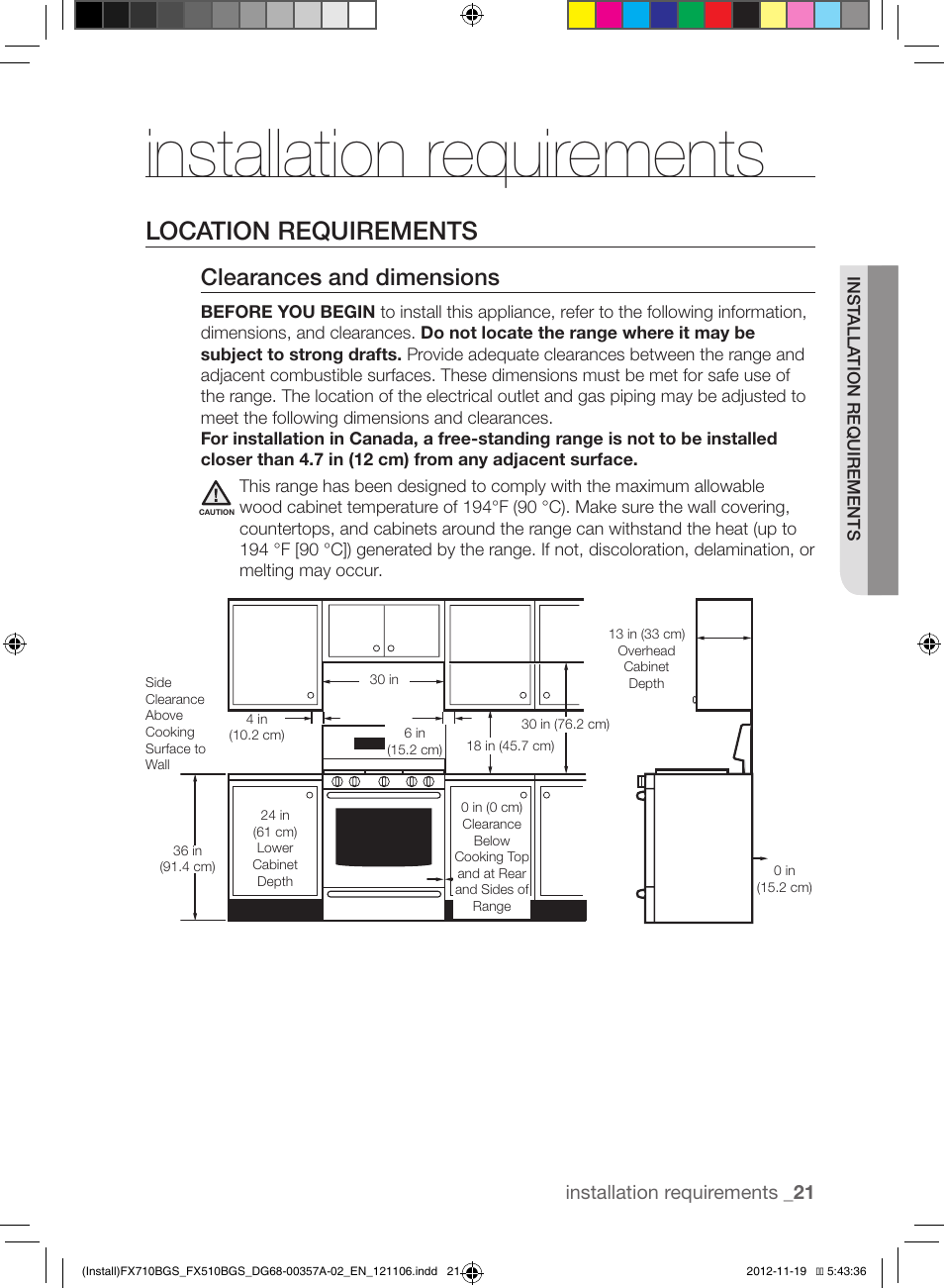 Installation requirements, Location requirements, Clearances and dimensions | Installation requirements _ 21 | Samsung NX583G0VBSR-AA User Manual | Page 21 / 40