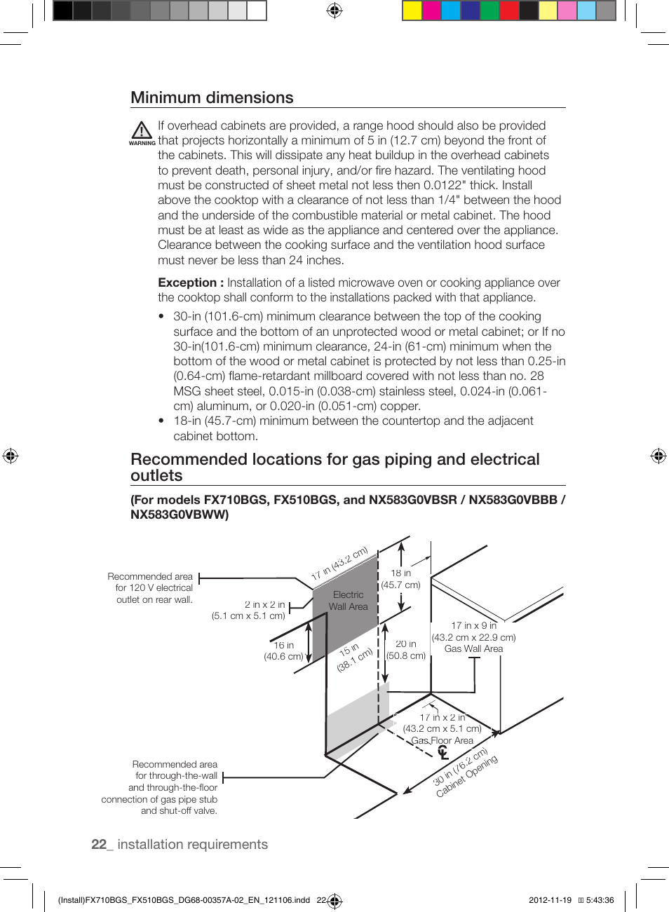 Minimum dimensions, 22 _ installation requirements | Samsung NX583G0VBSR-AA User Manual | Page 22 / 40