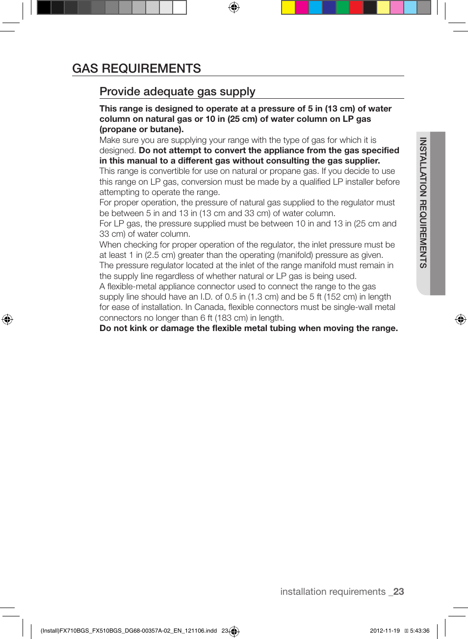Gas requirements, Provide adequate gas supply | Samsung NX583G0VBSR-AA User Manual | Page 23 / 40