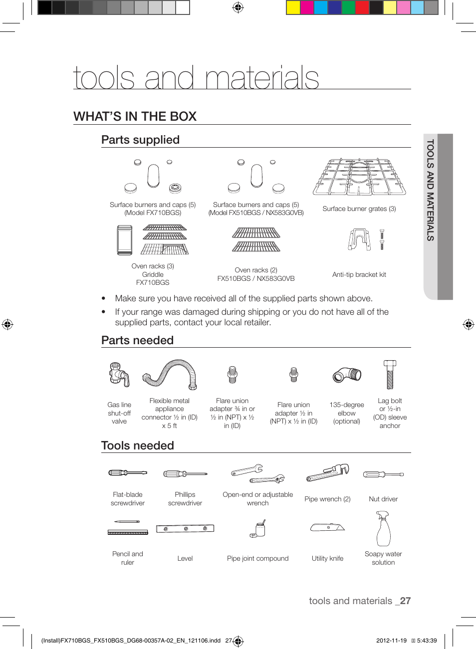 Tools and materials, What’s in the box, Parts supplied | Parts needed, Tools needed, Tools and materials _ 27 | Samsung NX583G0VBSR-AA User Manual | Page 27 / 40