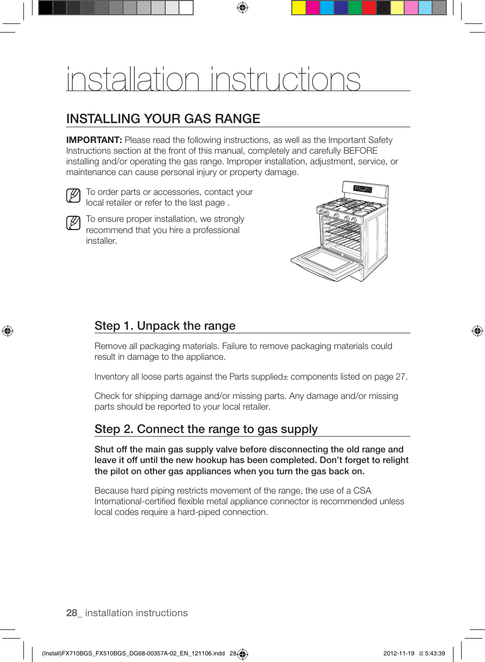 Installation instructions, Installing your gas range, Step 1. unpack the range | Step 2. connect the range to gas supply | Samsung NX583G0VBSR-AA User Manual | Page 28 / 40