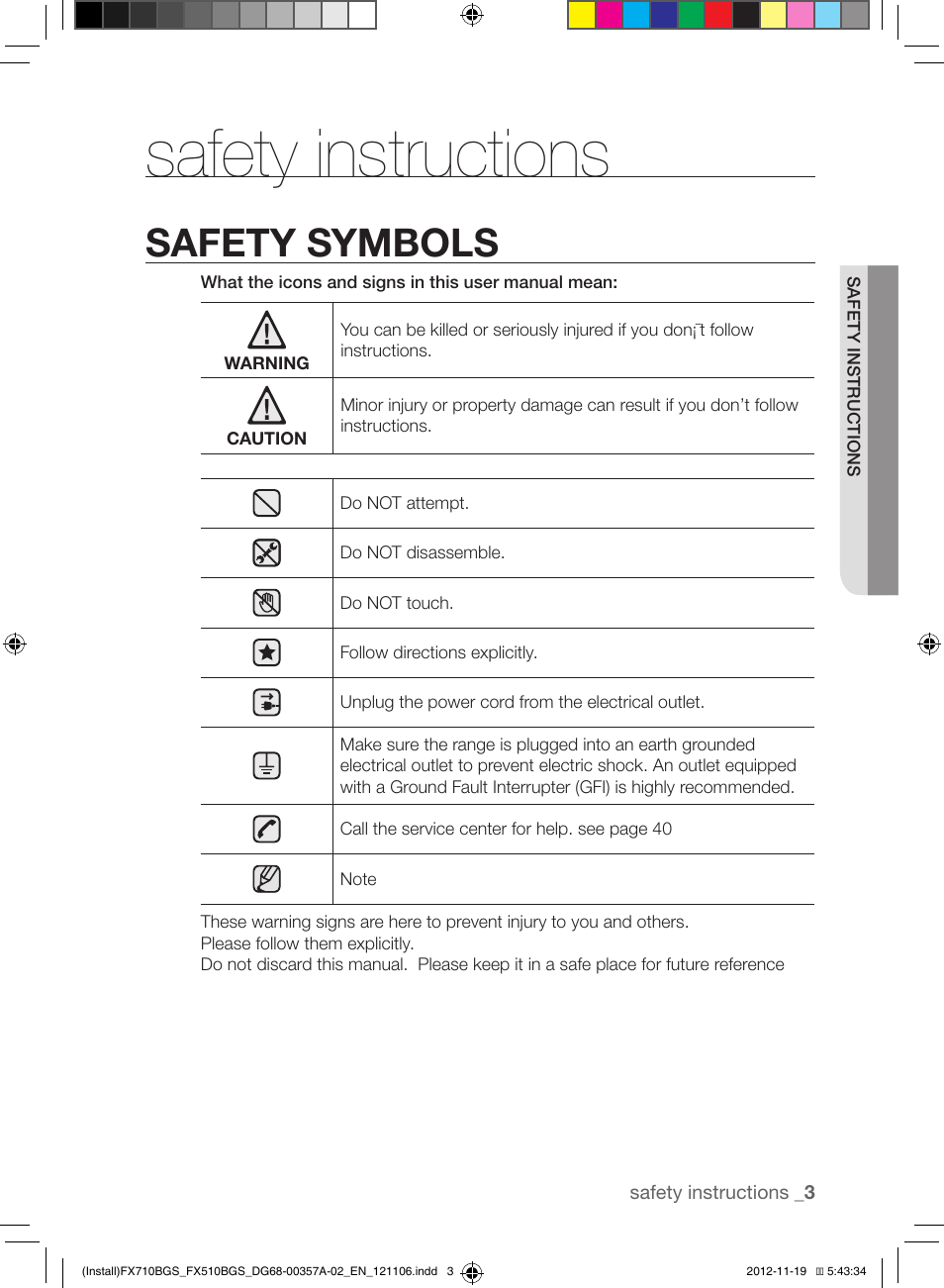 Safety instructions, Safety symbols | Samsung NX583G0VBSR-AA User Manual | Page 3 / 40