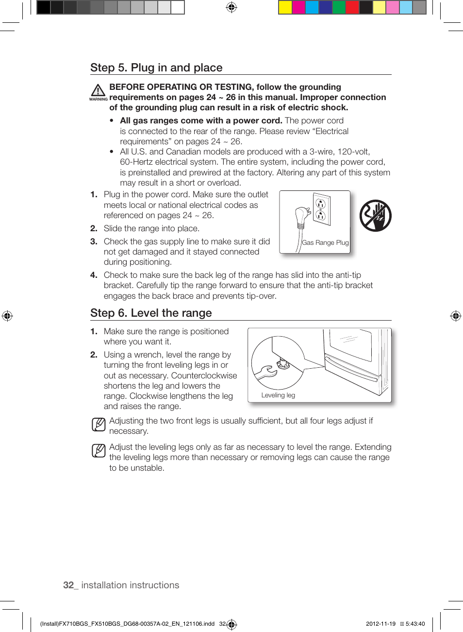 Step 5. plug in and place, Step 6. level the range | Samsung NX583G0VBSR-AA User Manual | Page 32 / 40