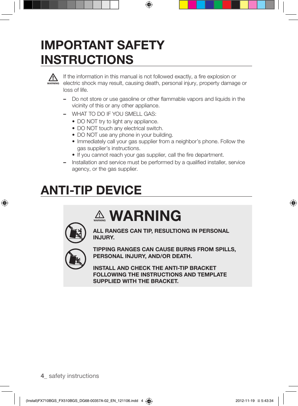 Warning, Important safety instructions, Anti-tip device | Samsung NX583G0VBSR-AA User Manual | Page 4 / 40