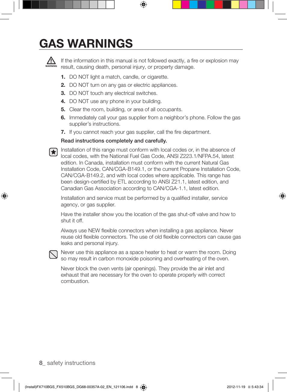 Gas warnings | Samsung NX583G0VBSR-AA User Manual | Page 8 / 40