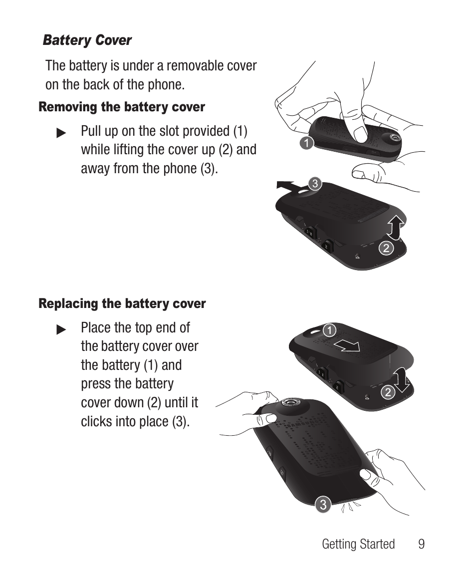 Battery cover, Removing the battery cover, Replacing the battery cover | Samsung SCH-R710XKBCRI User Manual | Page 13 / 150
