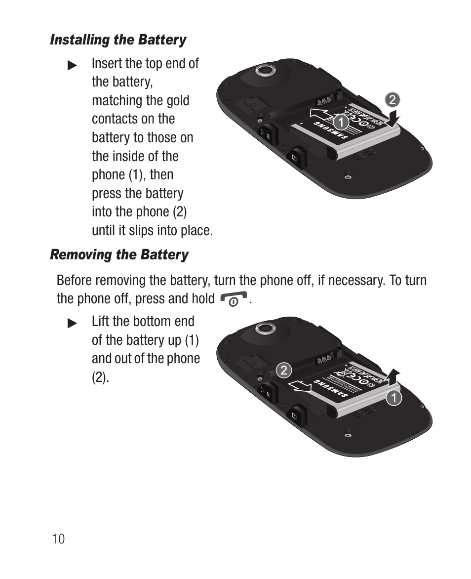 Installing the battery, Removing the battery | Samsung SCH-R710XKBCRI User Manual | Page 14 / 150