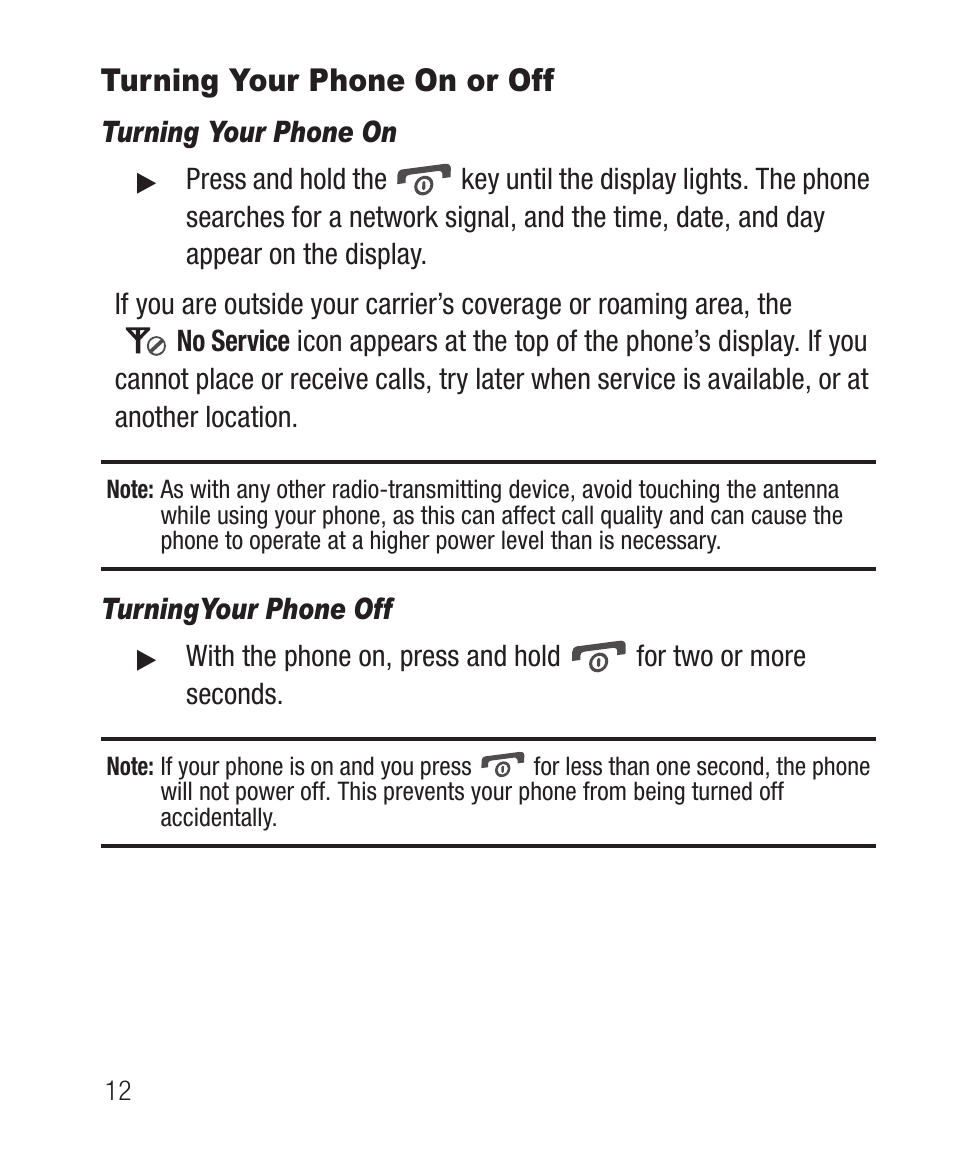 Turning your phone on or off, Turning your phone on, Turningyour phone off | Samsung SCH-R710XKBCRI User Manual | Page 16 / 150
