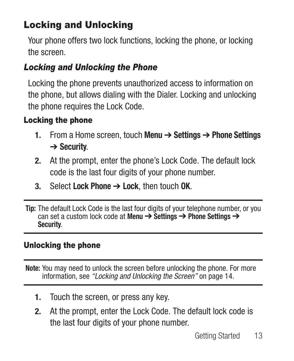 Locking and unlocking, Locking and unlocking the phone, Locking the phone | Unlocking the phone | Samsung SCH-R710XKBCRI User Manual | Page 17 / 150