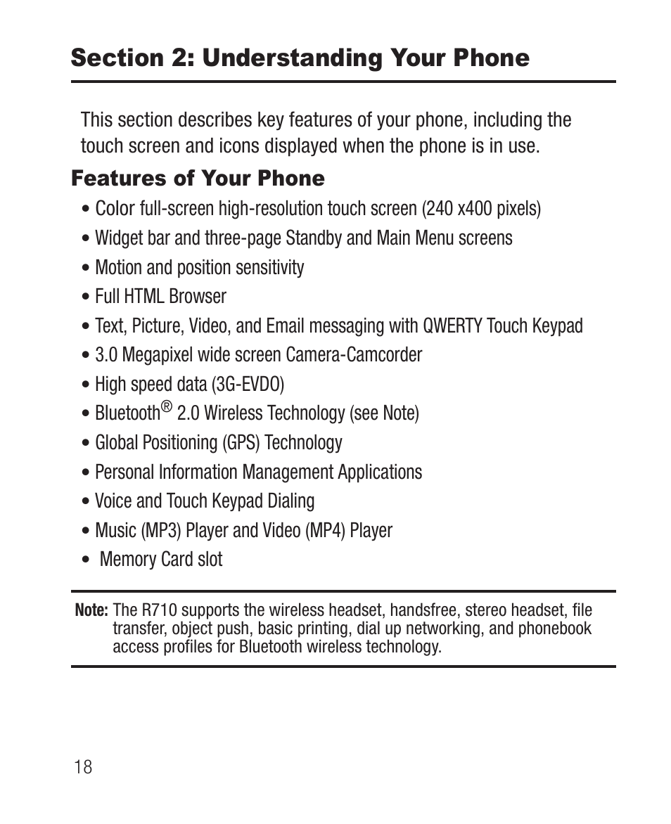 Section 2: understanding your phone, Features of your phone | Samsung SCH-R710XKBCRI User Manual | Page 22 / 150